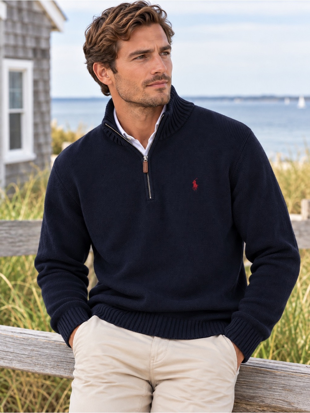Ralph Lauren Navy Half-Zip Sweater with Red Polo Emblem